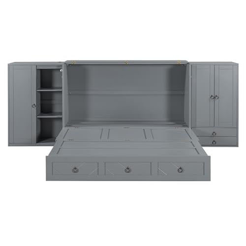 White Solid Pine Queen Size Murphy Bed with USB and Drawers I48089