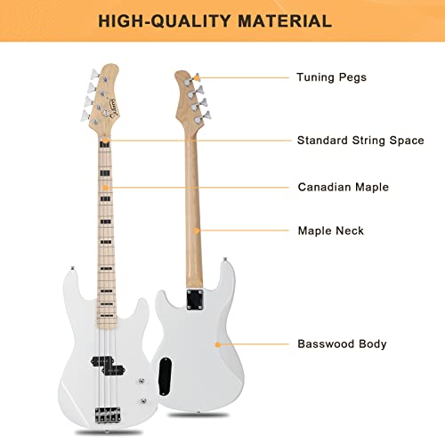 Full Size Electric Bass Guitar 4 String Canadian Maple Fingerboard with Cable, Strap, Bag and Accessories (White) Y2718