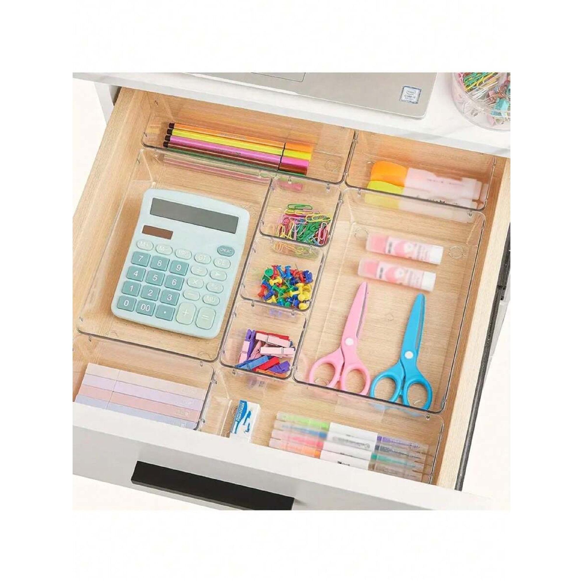 Clear Plastic Drawer Organizers Set, 4-Size Trays Y84555