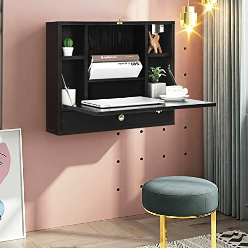 Black Wall Mounted Floating Desk with Drawer & Shelves P60923