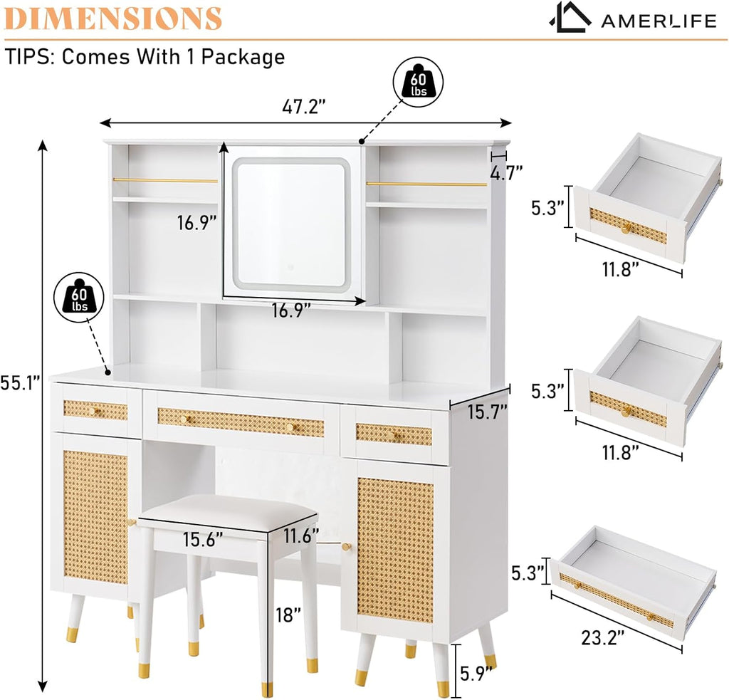 White Rattan Makeup Vanity Desk with Mirror and Lights and Stool L649650
