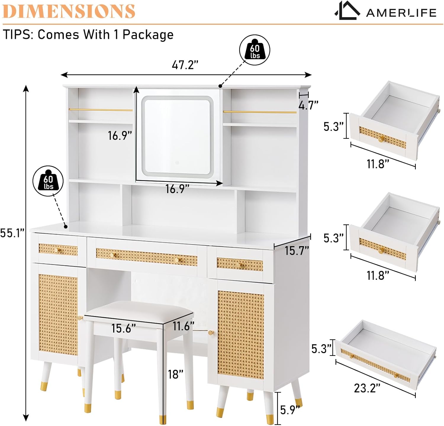 White Rattan Makeup Vanity Desk with Mirror and Lights and Stool L649650