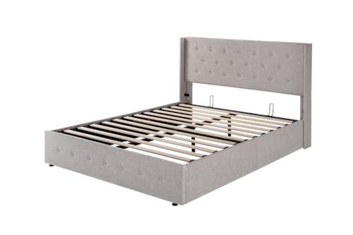 Full Size Lift Up Storage Bed with Wingback Headboard, Light Beige W9658