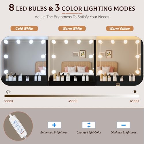 White Vanity Desk with Mirror and Lights Dimmable LED Makeup Table with Drawers Side Cabinet 3 Storage Shelves Power Outlet Dressing Table Set Include Holder Cushioned Stool V26944