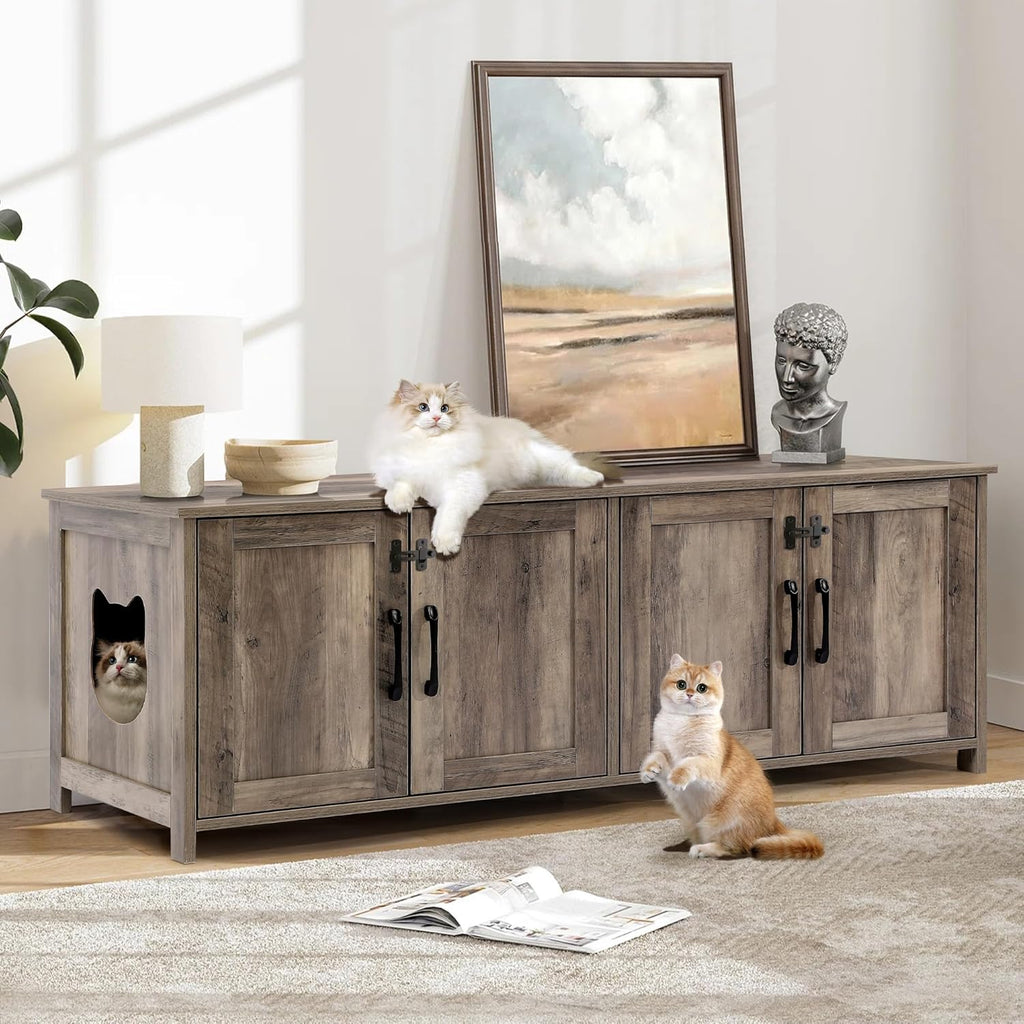 Greige Wooden Cat Litter Box Enclosure with Lockable Door Y80656