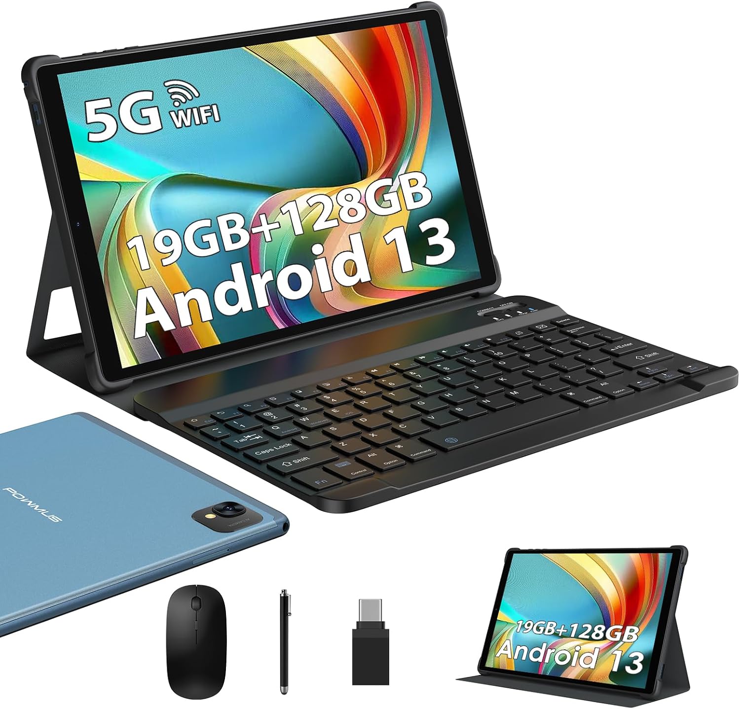 Blue 10.1 inch Android 13 Tablet with 128GB ROM, 19GB RAM, Keyboard and Mouse D471127