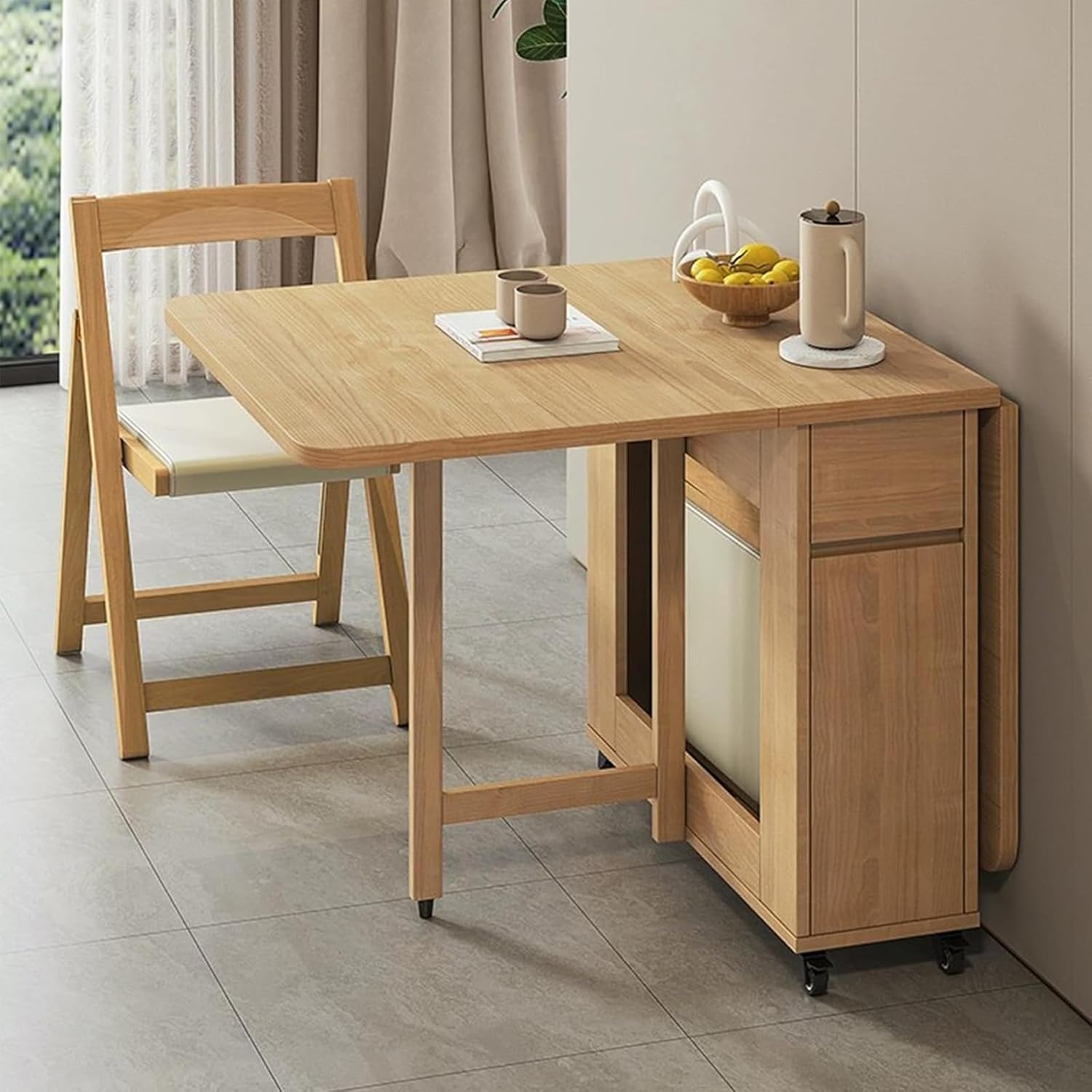Beige Solid Wood Folding Dining Table Set F50313