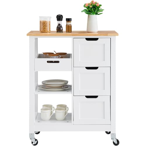 White 26 inch Wood Top Mobile Kitchen Island Cart with 3 Drawers and Shelves Y1844