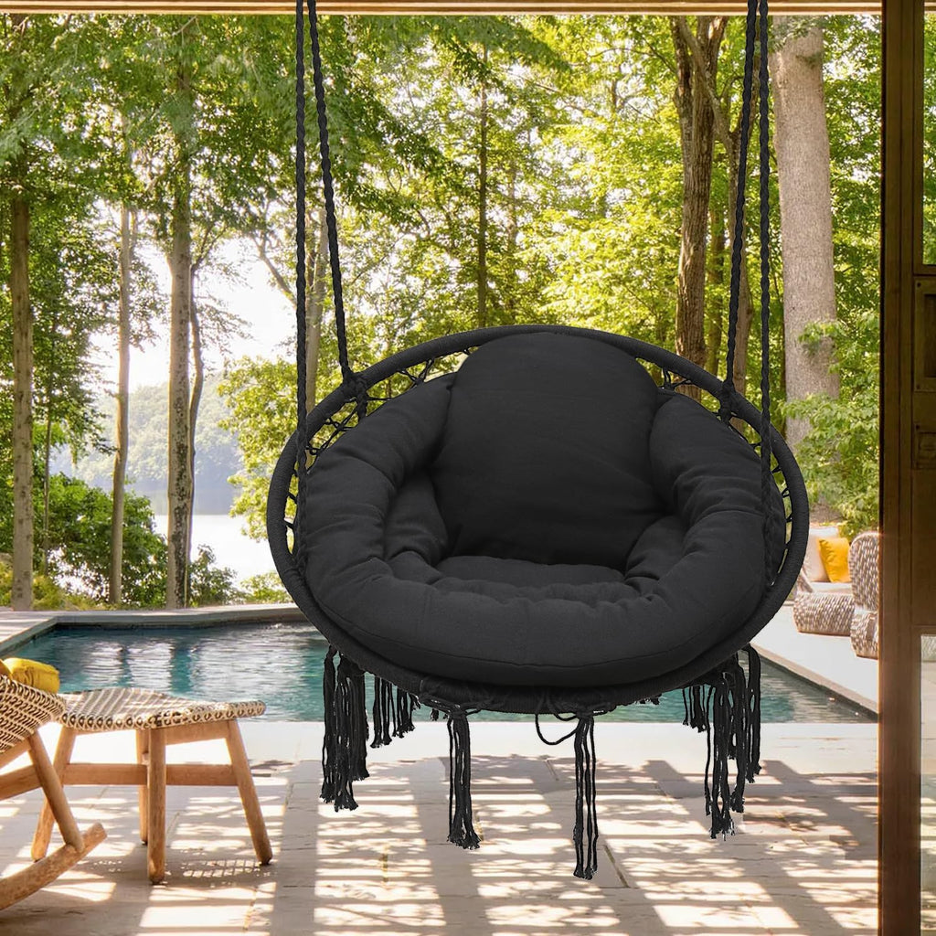 Black Hanging Hammock Chair with Large Padded Cushion, 350 Lbs Capacity N85496