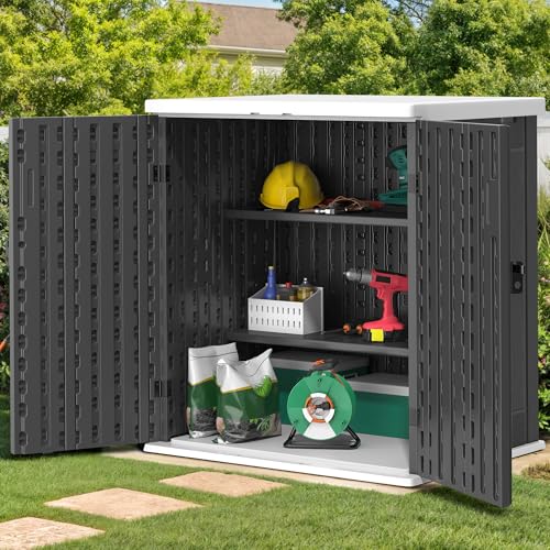 Outdoor Storage Cabinet with 2 Shelves, Waterproof Resin Lockable 15 cu. ft. Storage Shed, Dark Gray P176324