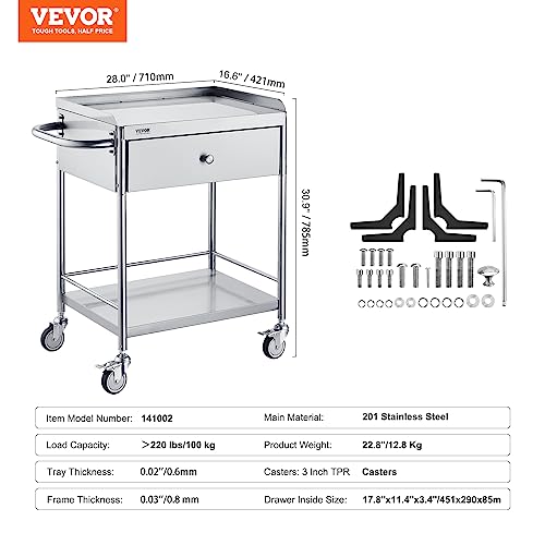 Stainless Steel Utility Cart with Wheels, 2 Shelves, 1 Drawer N2046