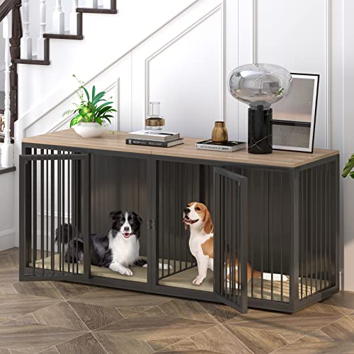 71.6'' All Steel Frame Double Door Dog Crate with Wooden Top H37828
