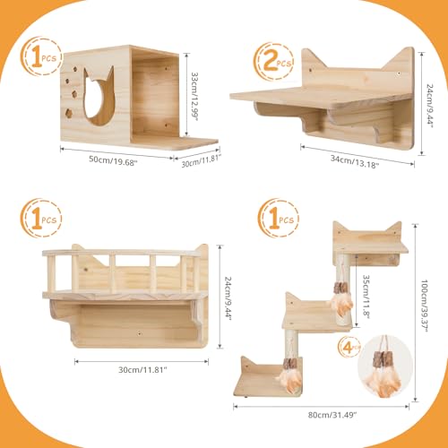 9-Piece Wall-Mounted Cat Shelves Set with 2 Sisal Scratching Posts A24540