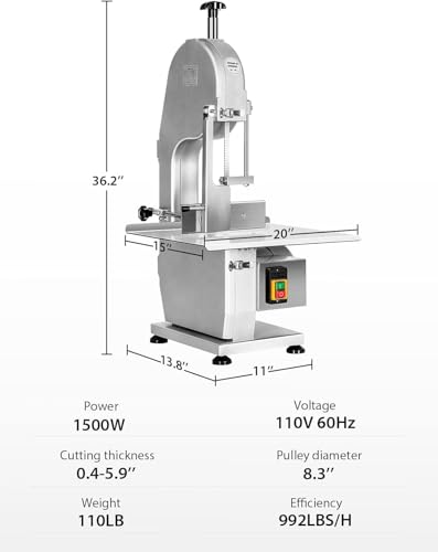 1500W Electric Bone Saw Machine, 0.8-5.9 Inch Cutting Thickness, 2.6HP Frozen Meat Cutter 110V Commercial Bandsaw Machine, 20x15in Table Sawing, 6 Saw Blades I9750