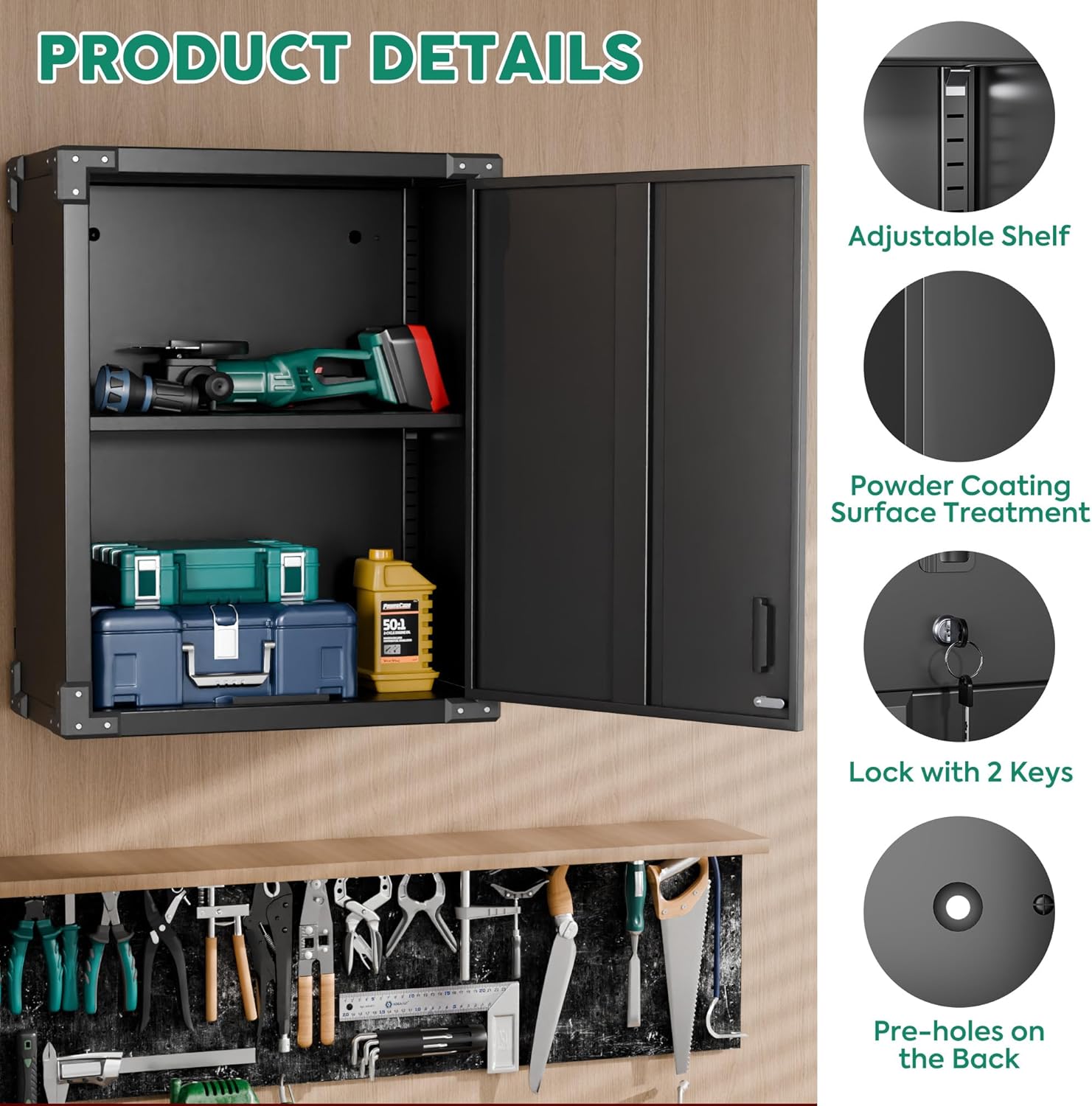 Black Metal Wall Cabinet with Locking Door and Adjustable Shelf N308899
