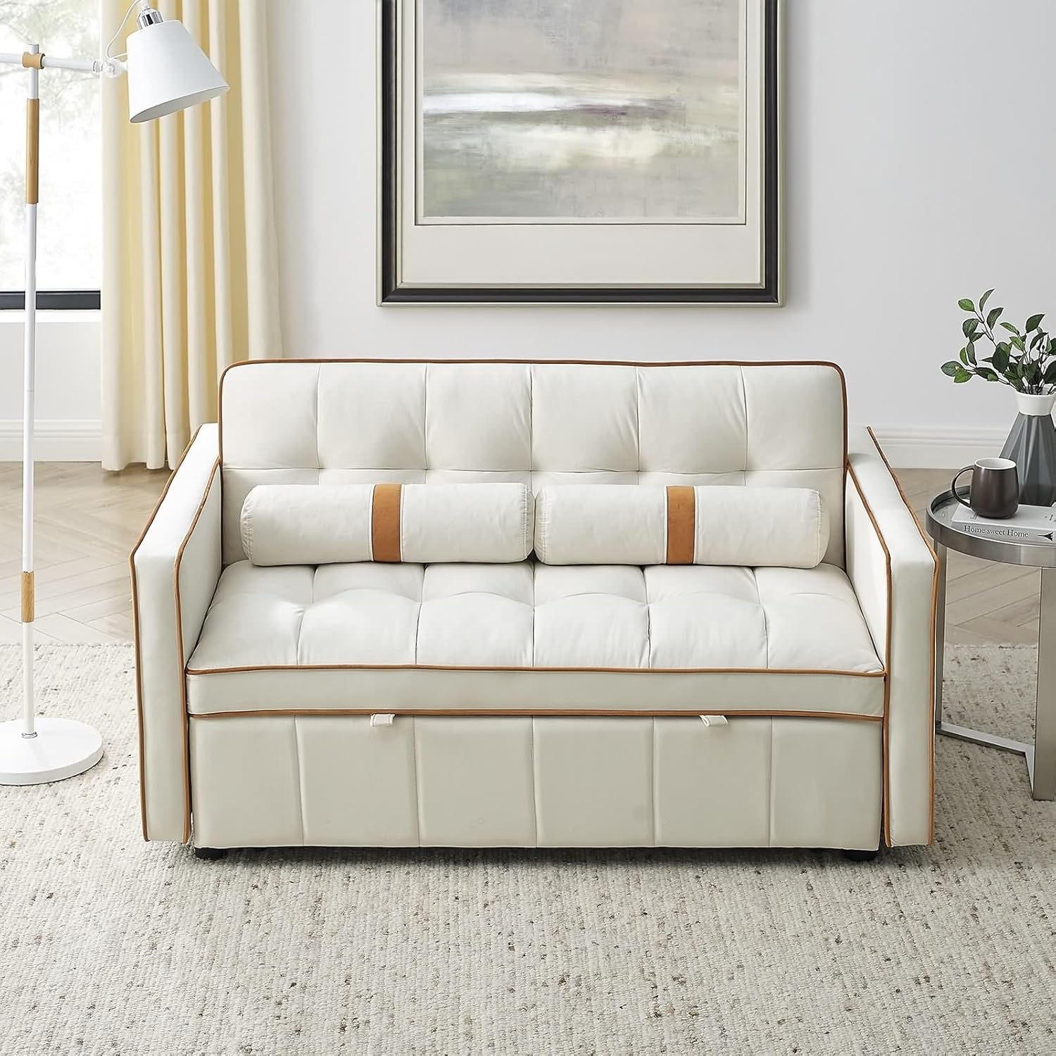 Beige 2 Seater Sleep Sofa Bed with Side Pockets E5151