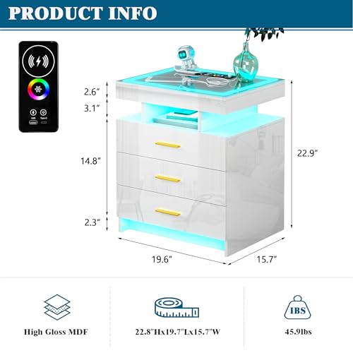 Black LED Nightstand with 3 Drawers and Wireless Charging D589