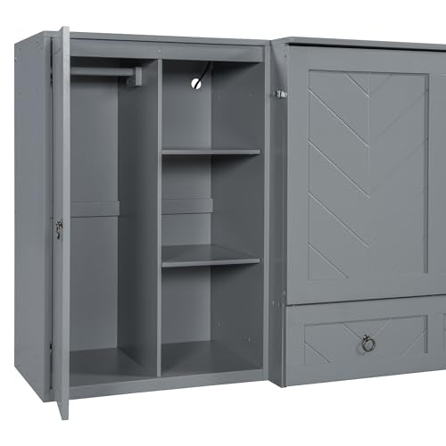 White Solid Pine Queen Size Murphy Bed with USB and Drawers I48089